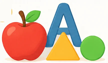 An apple, the letter A and shapes