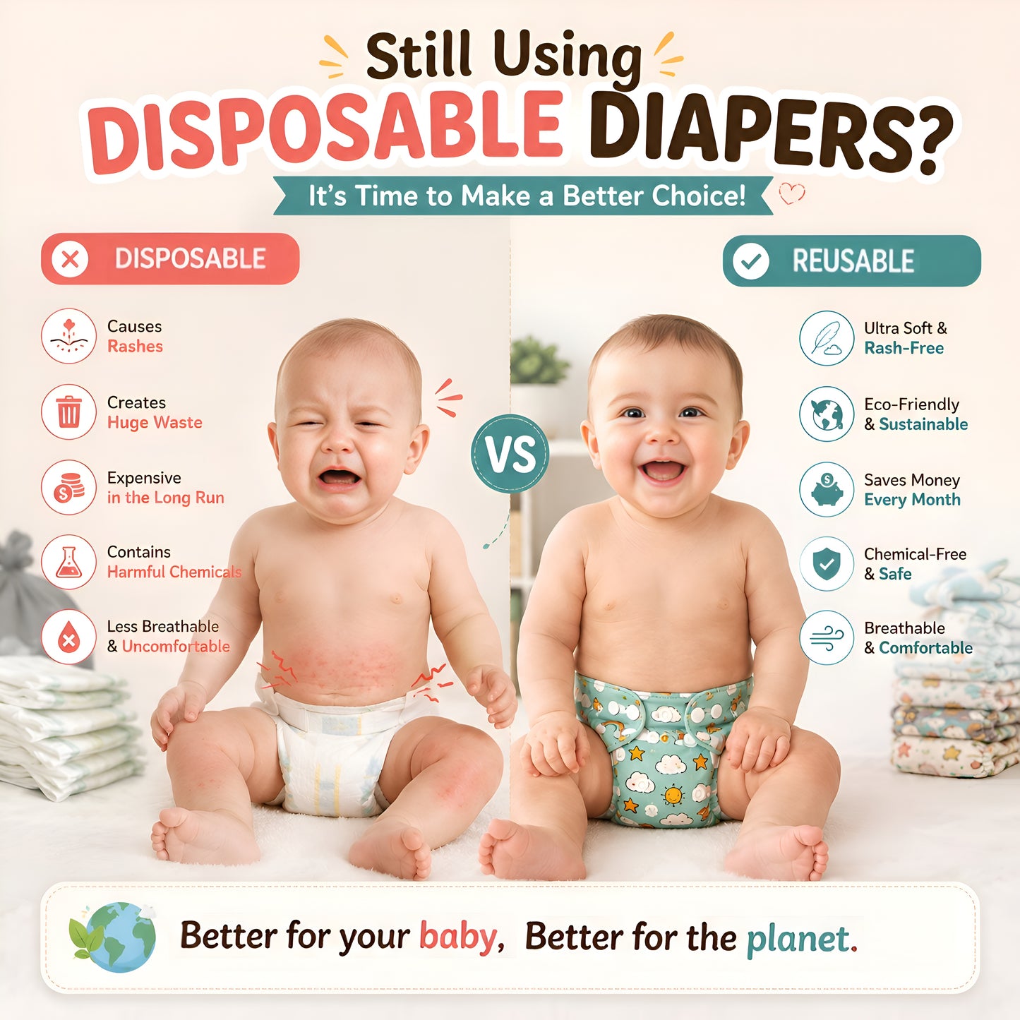 Premium Reusable Cloth Diaper - Pack of 2
