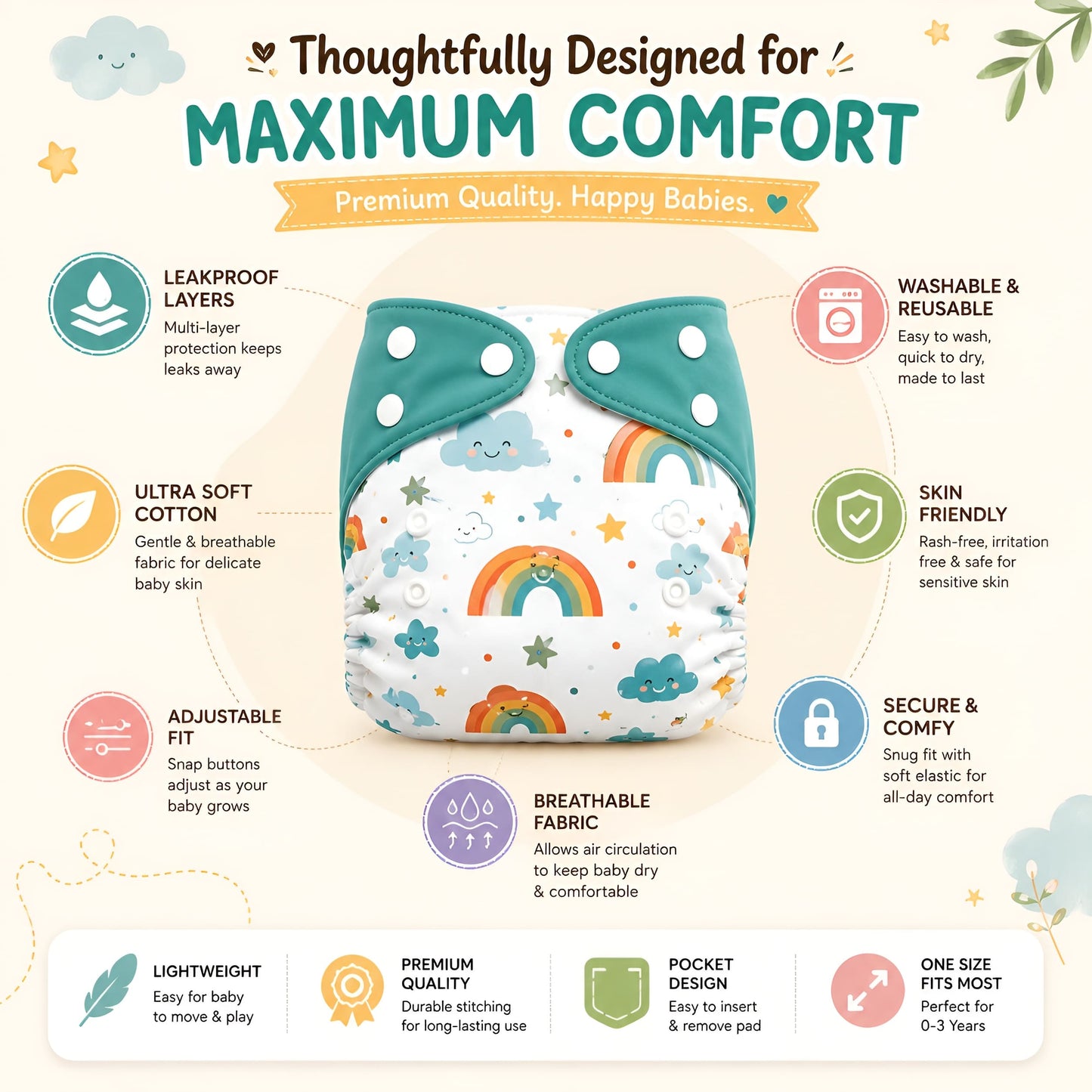Premium Reusable Cloth Diaper - Pack of 2