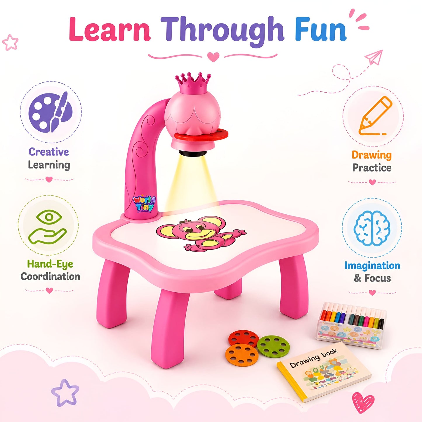 Kids Drawing Projector Table with Crown Lamp