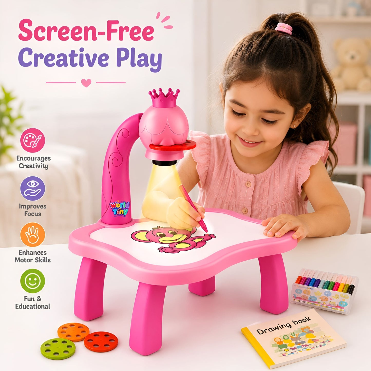 Kids Drawing Projector Table with Crown Lamp